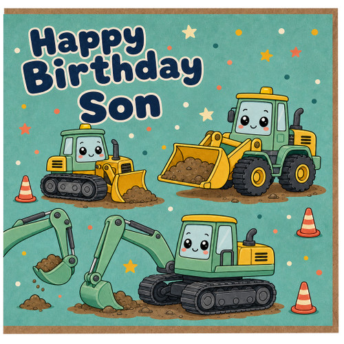 Son Happy Birthday Card, Cute Construction Vehicles Birthday Card