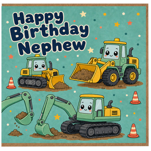 Nephew Birthday Card, Cute Construction Vehicles Happy Birthday Card