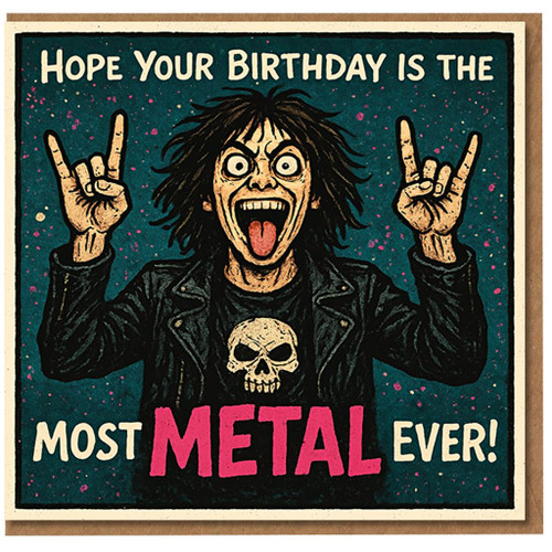 Most Metal Birthday Card - Cartoon Rocker Throwing the Horns with Skull T-Shirt - 'Hope Your Birthday Is the Most Metal Ever!' Funny Rock Music Card