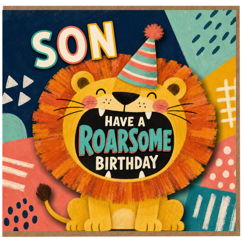 Son Birthday Card, Lion Party Hat Birthday Card