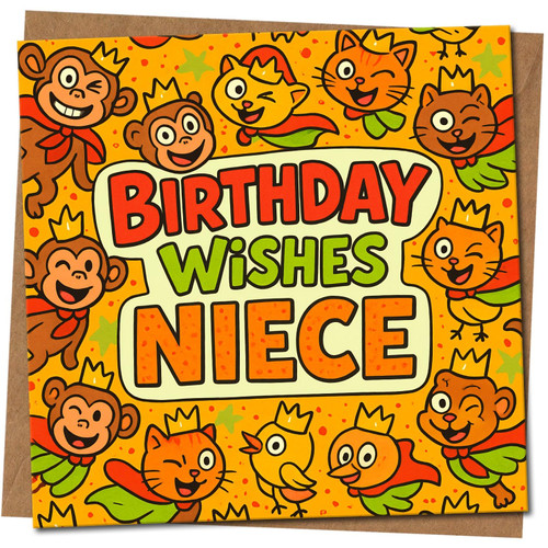 Niece Birthday Card - Bright Cartoon Animals - Birthday Wishes Niece - Fun Colourful 145mm x 145mm Square, Includes Kraft Envelope