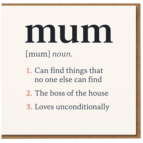 Mum Definition Card - ‘mum noun’ Dictionary Style - Mother’s Day or Birthday Card for from Son or Daughter