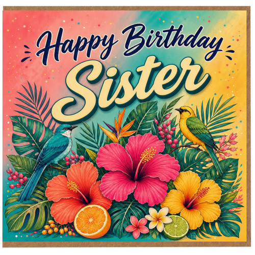 Sister Happy Birthday Card, Tropical Floral and Birds Birthday Card