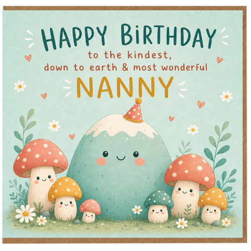 Nanny Birthday Card, to the Kindest Down to Earth & Most Wonderful Nanny Cute Mushroom Illustration