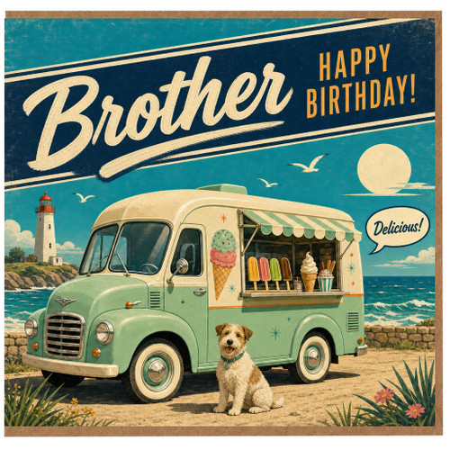 Brother Birthday Card, Happy Birthday Retro Ice Cream Van Seaside Card