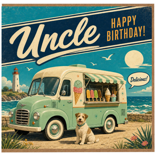 Uncle Birthday Card, Vintage Ice Cream Truck Seaside Happy Birthday Card