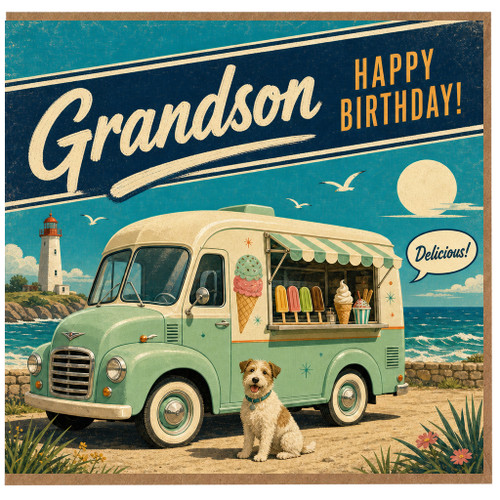 Grandson Birthday Card, Retro Ice Cream Van Seaside Birthday Card
