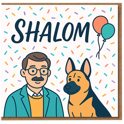 Shalom Greeting Card - Cute Illustration of Man and German Shepherd with Confetti and Balloons - Any Occasion Hello/Peace Card for Friends and Family