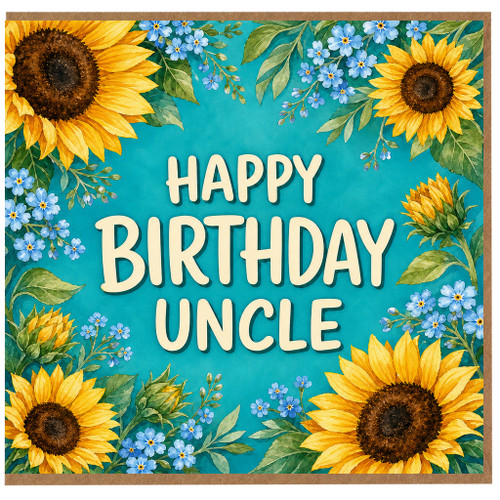 Uncle Birthday Card, Happy Birthday Uncle Card with Sunflowers and Blue Flowers