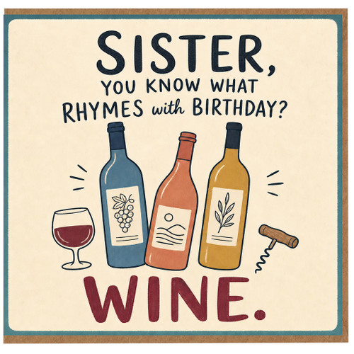 Sister Birthday Card, You Know What Rhymes with Birthday? Wine Pun Card