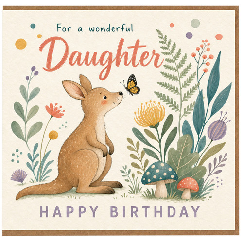 Daughter Birthday Card, For a Wonderful Daughter with Cute Kangaroo and Floral Design