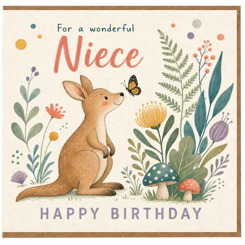 Niece Happy Birthday Card, Cute Kangaroo and Floral Birthday Card