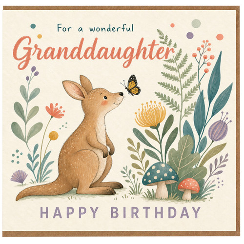 Granddaughter Birthday Card, Cute Kangaroo and Floral Illustrated Happy Birthday Card