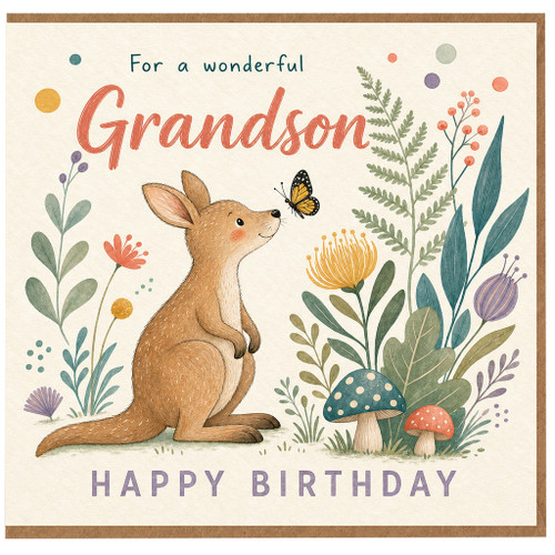 Grandson Birthday Card, Cute Kangaroo and Butterfly Happy Birthday Card