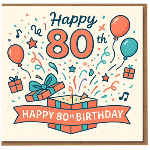 Happy 80th Birthday Card - Colourful Confetti, Balloons & Gift Box Illustration - Milestone Eightieth Birthday Celebration Card