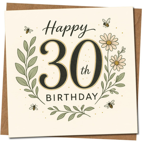 30th Birthday Card - Happy 30th - Floral and Bees Design, Daisies & Leaves - Square 145mm x 145mm - For Him or Her, Includes Kraft Envelope