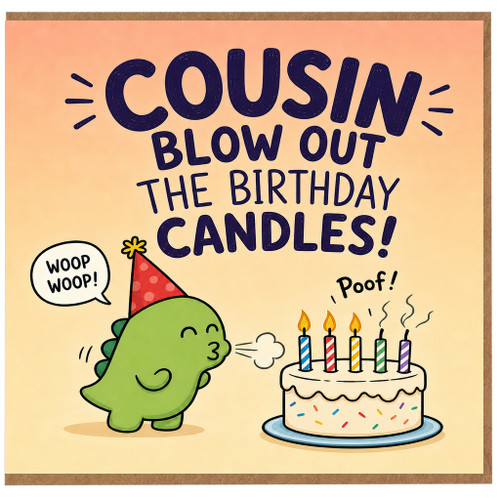 Birthday Card for Cousin, Dinosaur Blow Out The Birthday Candles Funny Birthday Card