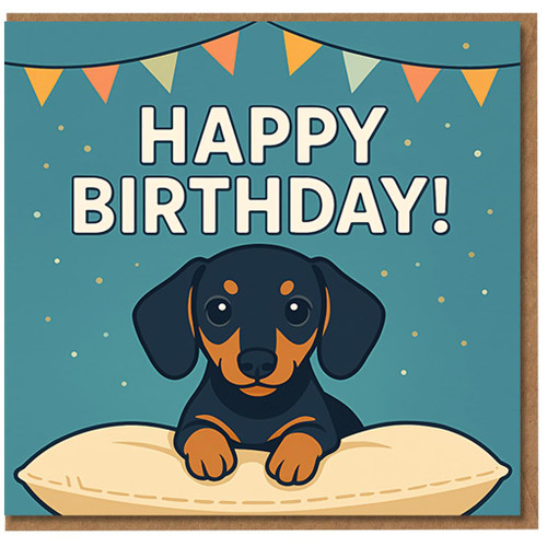 Cute Dachshund Puppy Happy Birthday Card - Sausage Dog on Cushion with Party Bunting - For Dog Lovers, Friends or Family