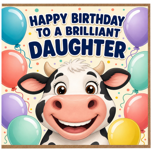 Daughter Birthday Card, Happy Birthday to a Brilliant Daughter, Cute Cow Balloon Card