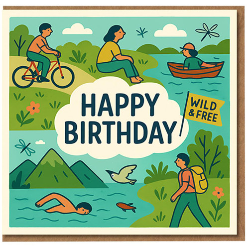 Happy Birthday Card - Wild & Free Outdoor Adventure Theme with Hiking, Cycling, Boating and Swimming Illustration for Nature Lovers