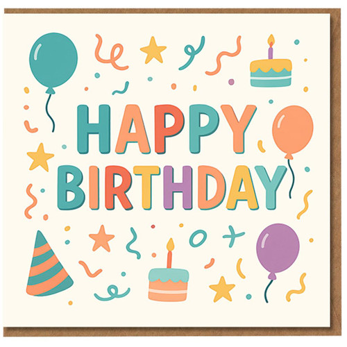Happy Birthday Card - Colourful Pastel Party Design with Balloons, Cakes, Stars and Confetti - Bold Typographic Greeting for Anyone
