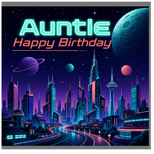 Auntie Happy Birthday Card, Neon Space City Design