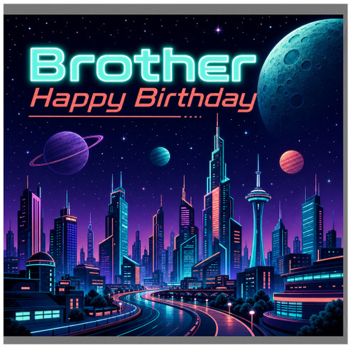 Brother Happy Birthday Card, Neon Space City Birthday Card