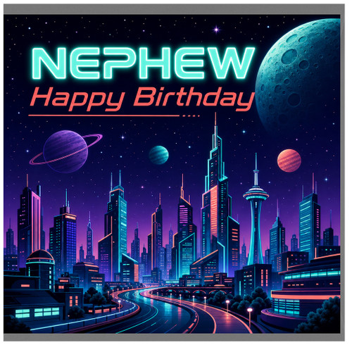 Nephew Happy Birthday Card, Sci - Fi Neon Space Birthday Card
