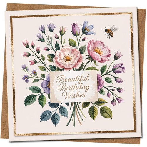 Beautiful Birthday Wishes Floral Bouquet & Bee Birthday Card, 145mm x 145mm, Elegant Design, Kraft, Includes Kraft Envelope
