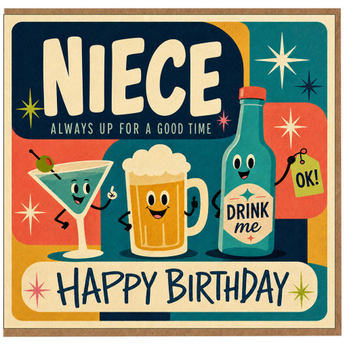 Niece Birthday Card, Funny Retro Drinks Happy Birthday Card for Niece