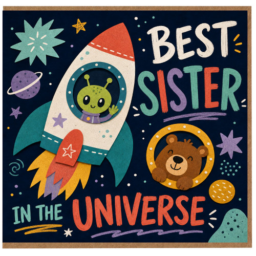 Sister Birthday Card, Best Sister in the Universe Space Rocket Card