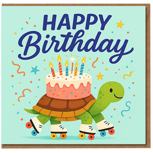 Happy Birthday Card - Cute Roller Skating Turtle Carrying Cake with Candles, Confetti Illustration - Fun Party Greeting