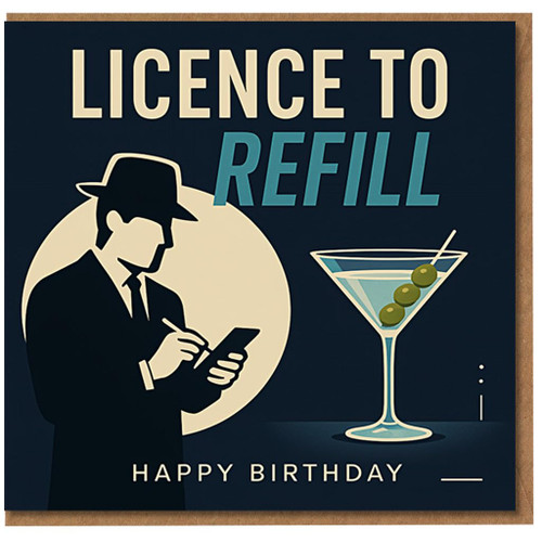 Funny Birthday Card - Licence to Refill Spy Design with Martini Glass and Olives - Retro Agent Theme - Happy Birthday Drinks Humour