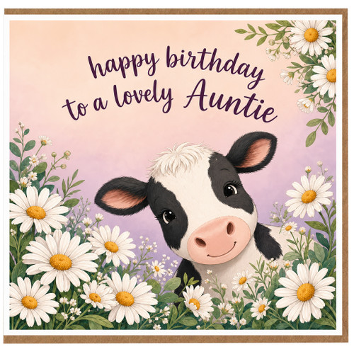 Auntie Birthday Card, Cute Cow and Daisy Floral Design