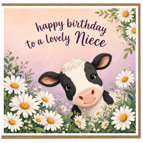 Niece Birthday Card, Cute Cow and Daisy Floral Design