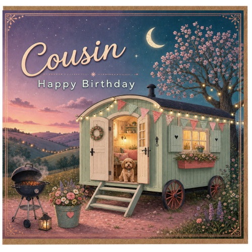 Cousin Birthday Card, Happy Birthday Card with Cosy Caravan and Blossom Tree Design