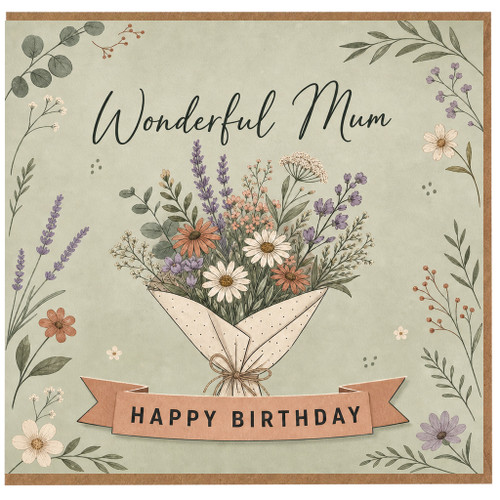 Mum Birthday Card, Wonderful Mum Happy Birthday Floral Bouquet Card