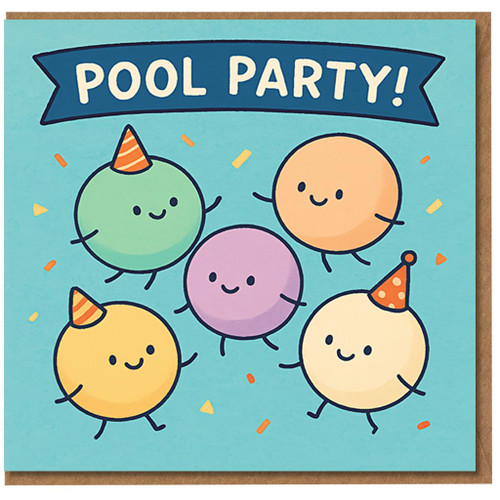 Pool Party Birthday Card - Cute Cartoon Party Hats and Confetti - Fun Summer Celebration Design