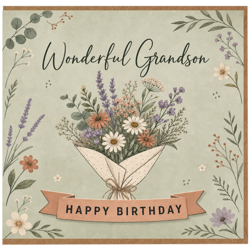 Grandson Birthday Card, Wonderful Grandson Happy Birthday Floral Bouquet Card