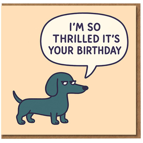 Funny Birthday Card - Sarcastic Dachshund Says 'I'm So Thrilled It's Your Birthday' - Dry Humour Dog Cartoon for Friends & Family