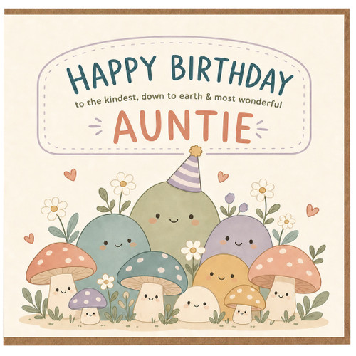 Auntie Birthday Card, Happy Birthday to the Kindest Auntie Cute Mushroom Design