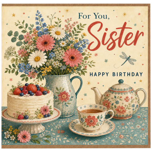 Sister Birthday Card, Floral Tea Party Cake Design, Happy Birthday Card for Sister