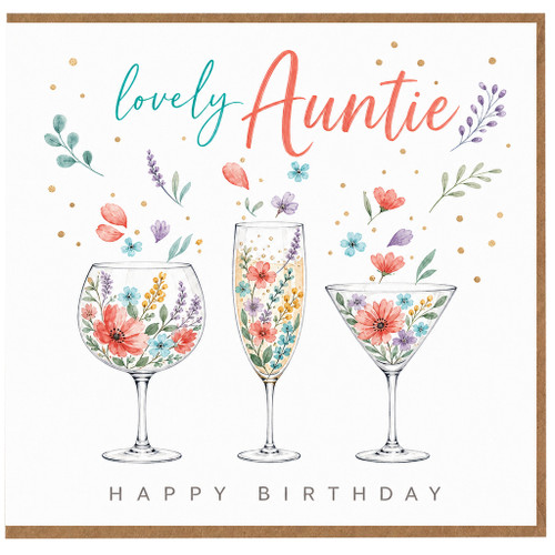 Auntie Birthday Card, Lovely Auntie Happy Birthday Floral Cocktail Glasses Card