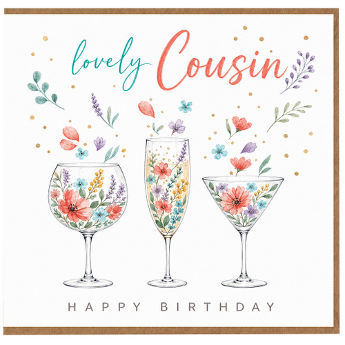 Cousin Birthday Card, Lovely Cousin Happy Birthday Floral Wine Glass Design
