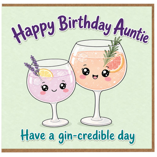 Auntie Birthday Card, Gin - credible Birthday Card with Cute Cocktail Glasses