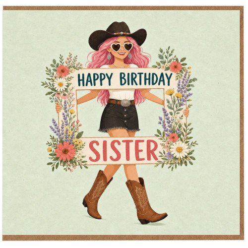 Sister Birthday Card, Happy Birthday Cowgirl Floral Card