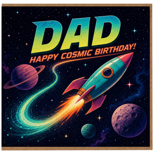 Dad Birthday Card, Happy Cosmic Birthday Retro Space Rocket Card