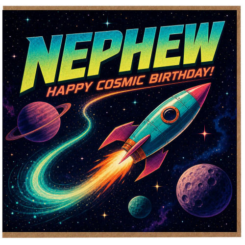 Nephew Birthday Card, Happy Cosmic Birthday Space Rocket Card