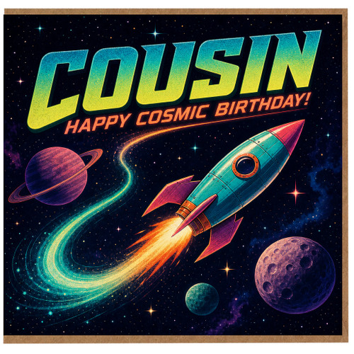 Cousin Birthday Card, Happy Cosmic Birthday Rocket and Planets Space Greeting Card