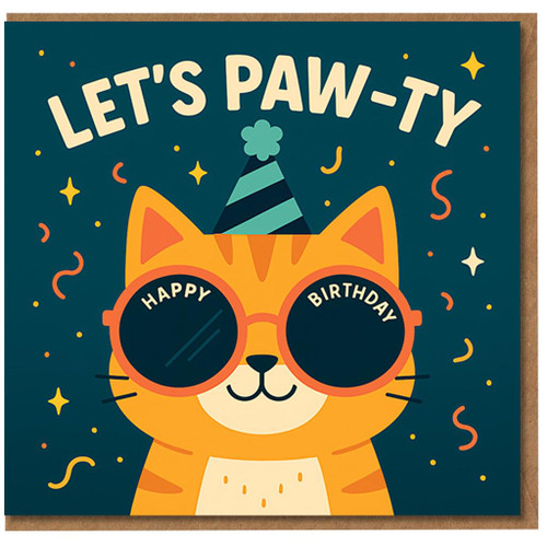 Let's Paw-ty Cat Birthday Card - Funny Ginger Cat with Party Hat and 'Happy Birthday' Sunglasses, Confetti Party Design
